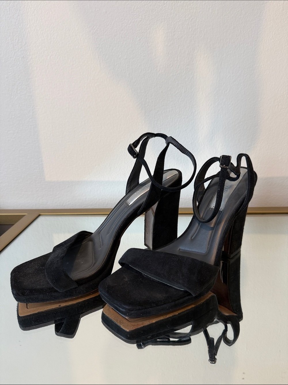 Franco Sarto Black Suede Platform Block Heel Sandals